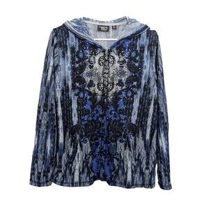 Onque Casual Womens XL Hoodie Blue Rhinestone Embellished Hooded Full Zip Jacket